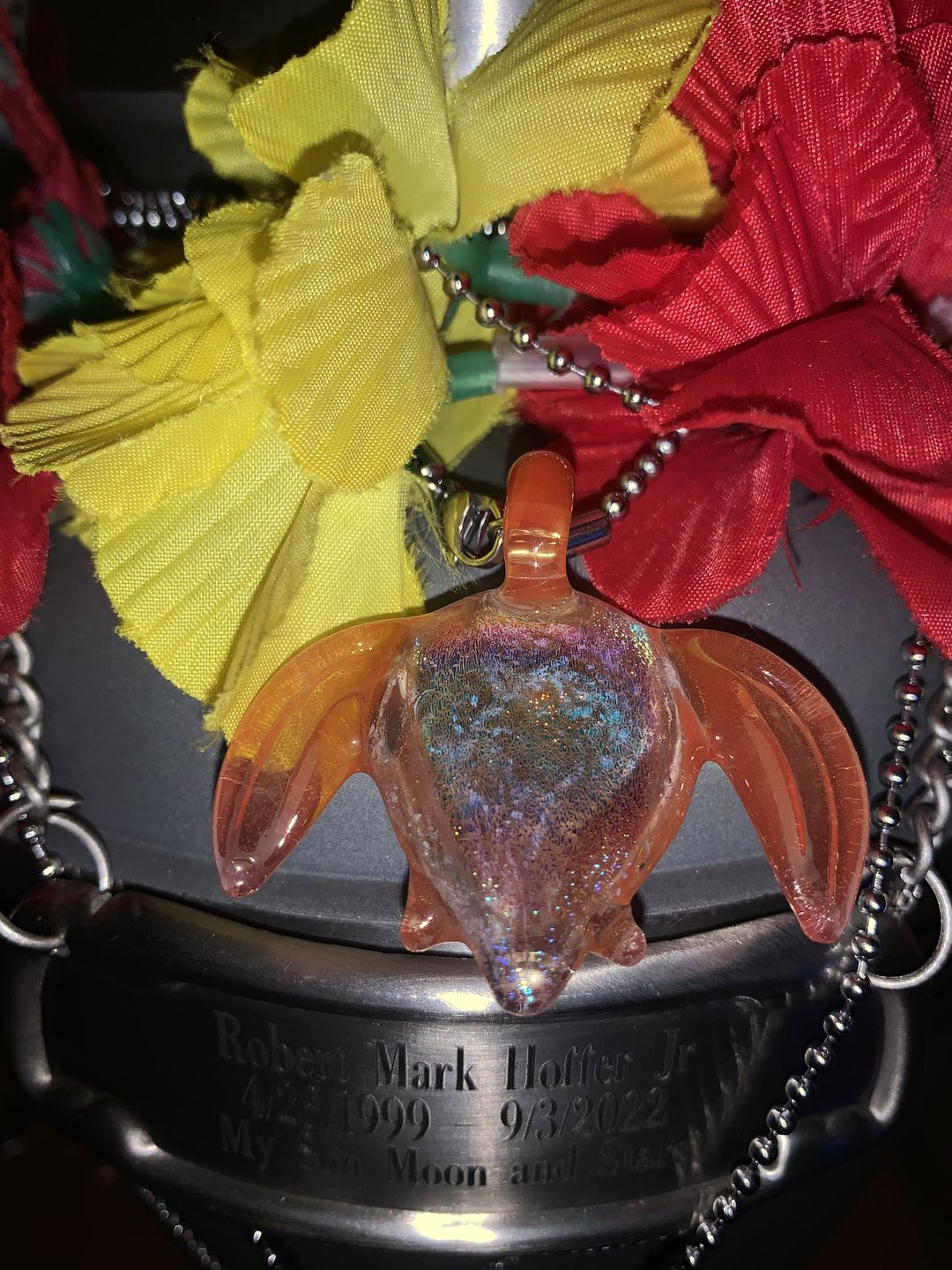 Customer photo review of Dichroic Turtle Pendant with Infused Cremation Ashes