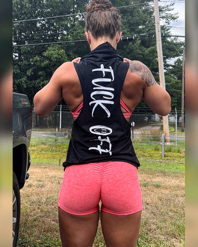 Customer photo review of Salty Savage Unisex “FUCK OFF” Sleeveless Racerback Muscle Tank Hoodie | Black