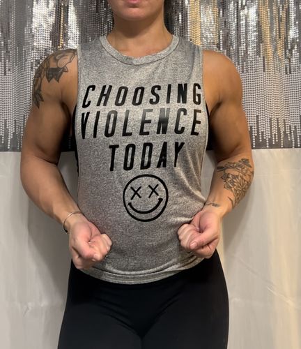 Customer photo review of Salty Savage Unisex “CHOOSING VIOLENCE TODAY” Deep Cut Performance Muscle Tank | In Your Face | Marled Gray/Black