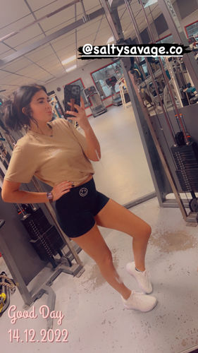 Customer photo review of Salty Savage Ladies SPLICE SMILE High Rise with Pocket Booty Scrunch Training Shorts | Wet Suit Performance | Black