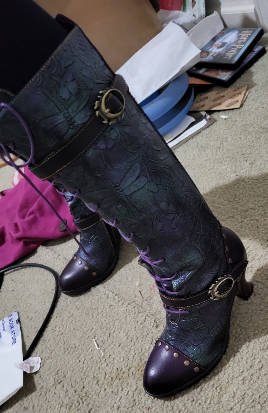 Customer photo review of Warm Embossed Real Leather Dragonfly Boots