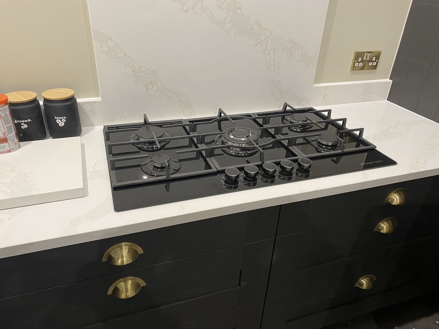 Customer photo review of Monmouth Brushed Satin Brass Cupboard Handles