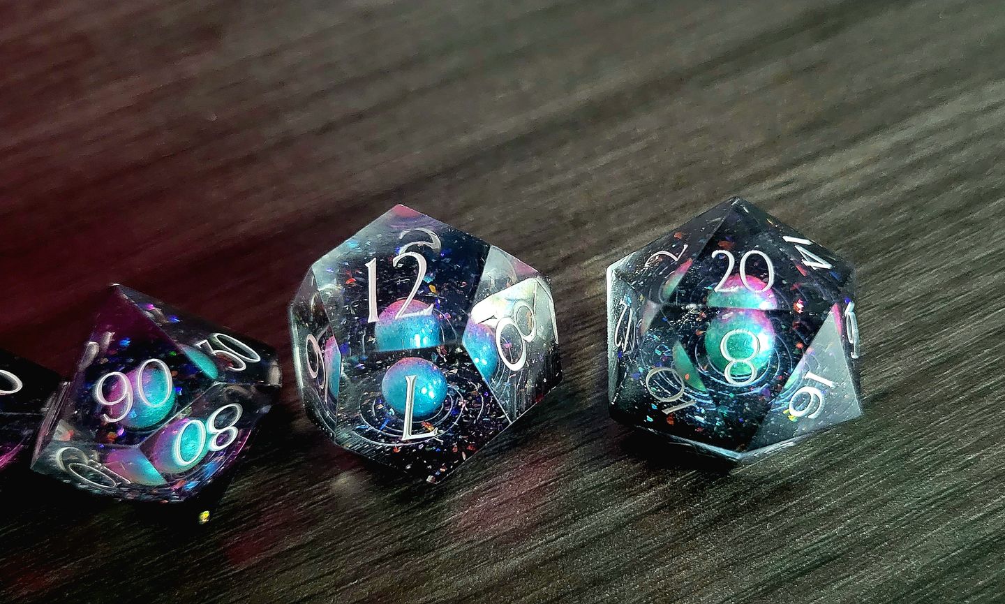 Customer photo review of URWizards D&D Resin Engraved Dice Set The Galaxy