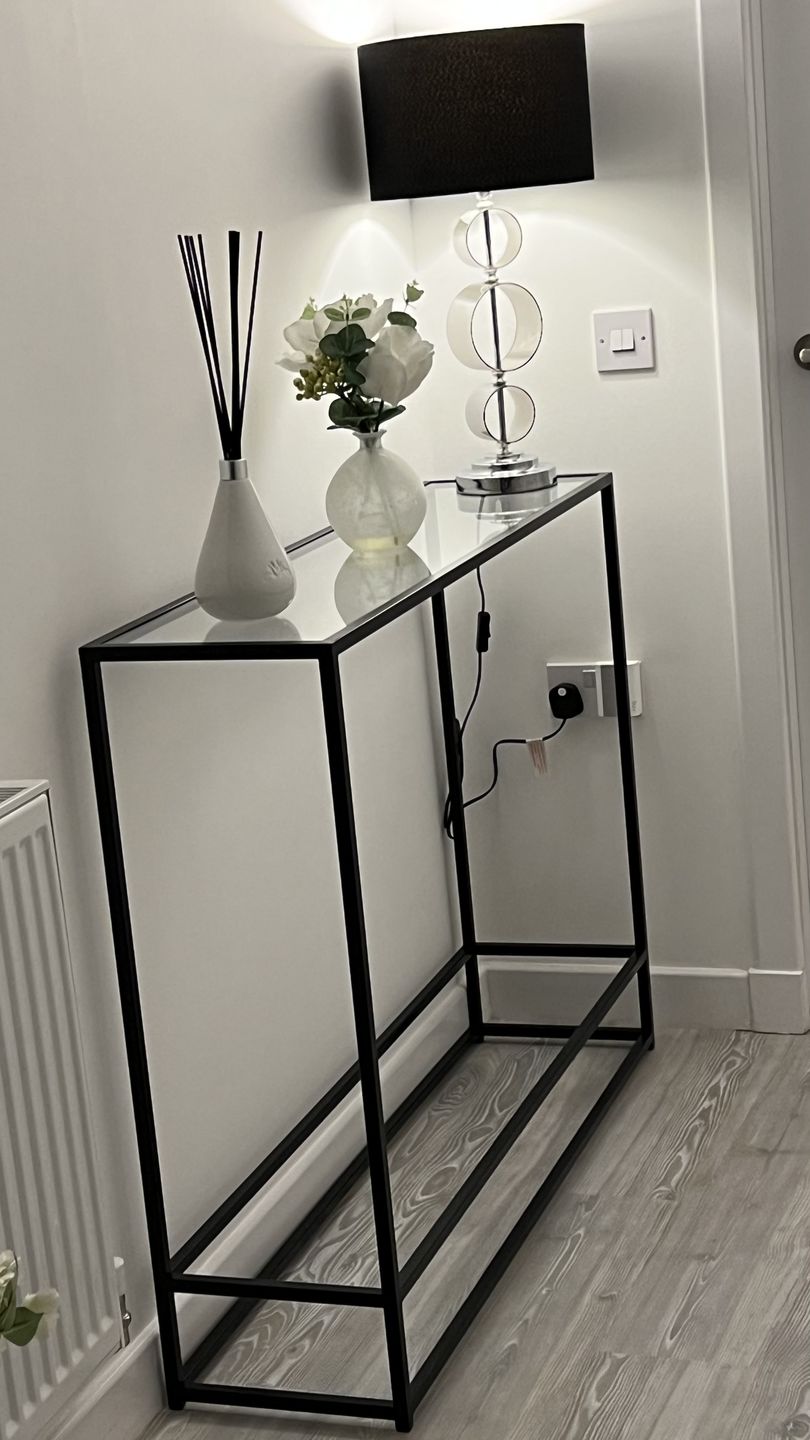 Customer photo review of Glass Metal Console Table Matte Black Frame