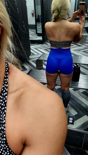 Customer photo review of Salty Savage Ladies Splice Smile High Rise Booty Scrunch Training Shorts | Wet Suit Performance | Royal Blue