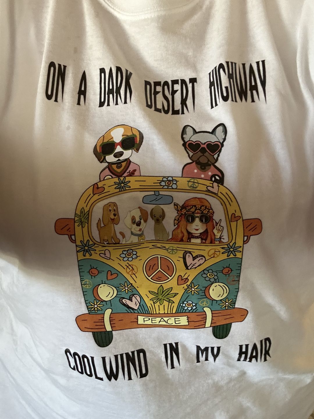 Customer photo review of "ON A DARK DESERT HIGHWAY COOLWIND IN MY HAIR..." T-Shirt