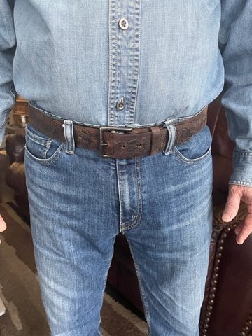 Customer photo review of The Wildlife Belt - Cognac Embossed Full Grain Leather Belt Made in Canada