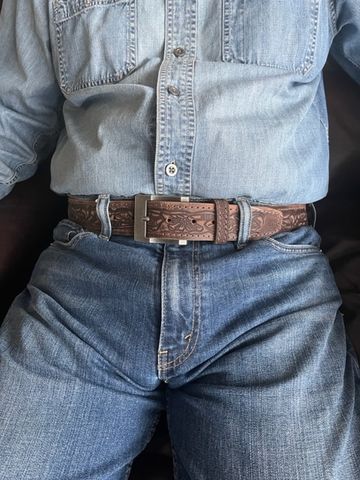 Customer photo review of The Wayfarer Belt - Brown Classic Western Embossed 100% Full Grain Leather Belt