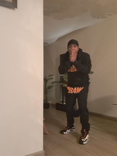 Customer photo review of Men RAW Orange Chenille Hoodie and Jogger Set - Black Hoodie / Black Jogger