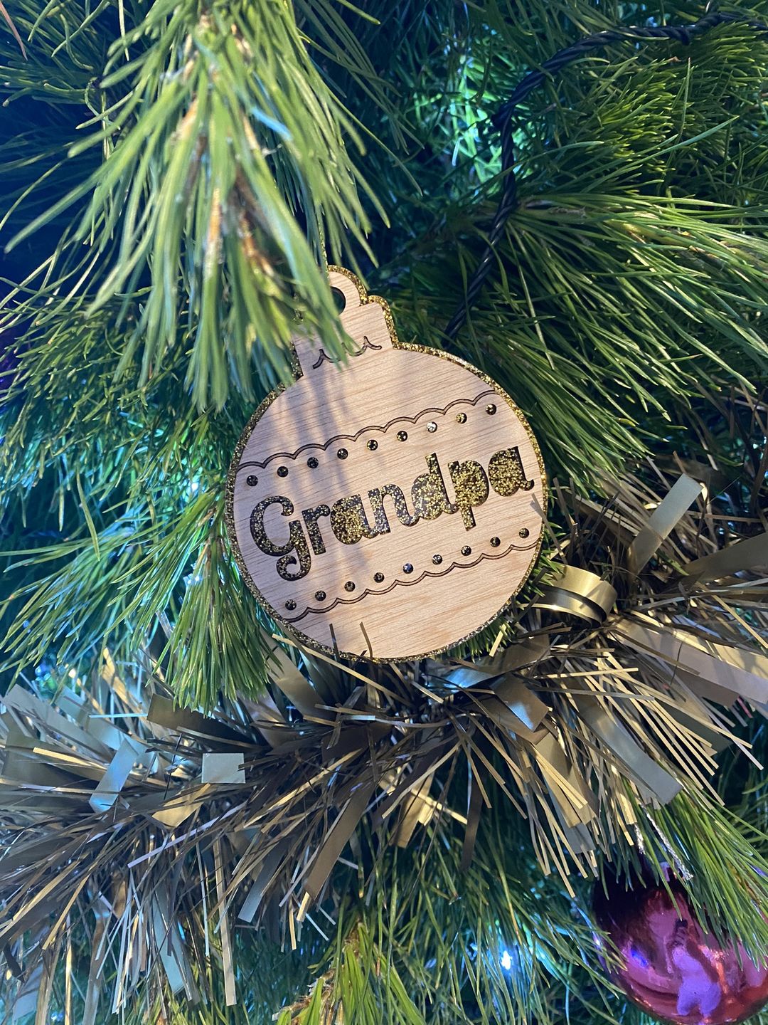 Customer photo review of Personalised Glitter and Wood Christmas Ornaments