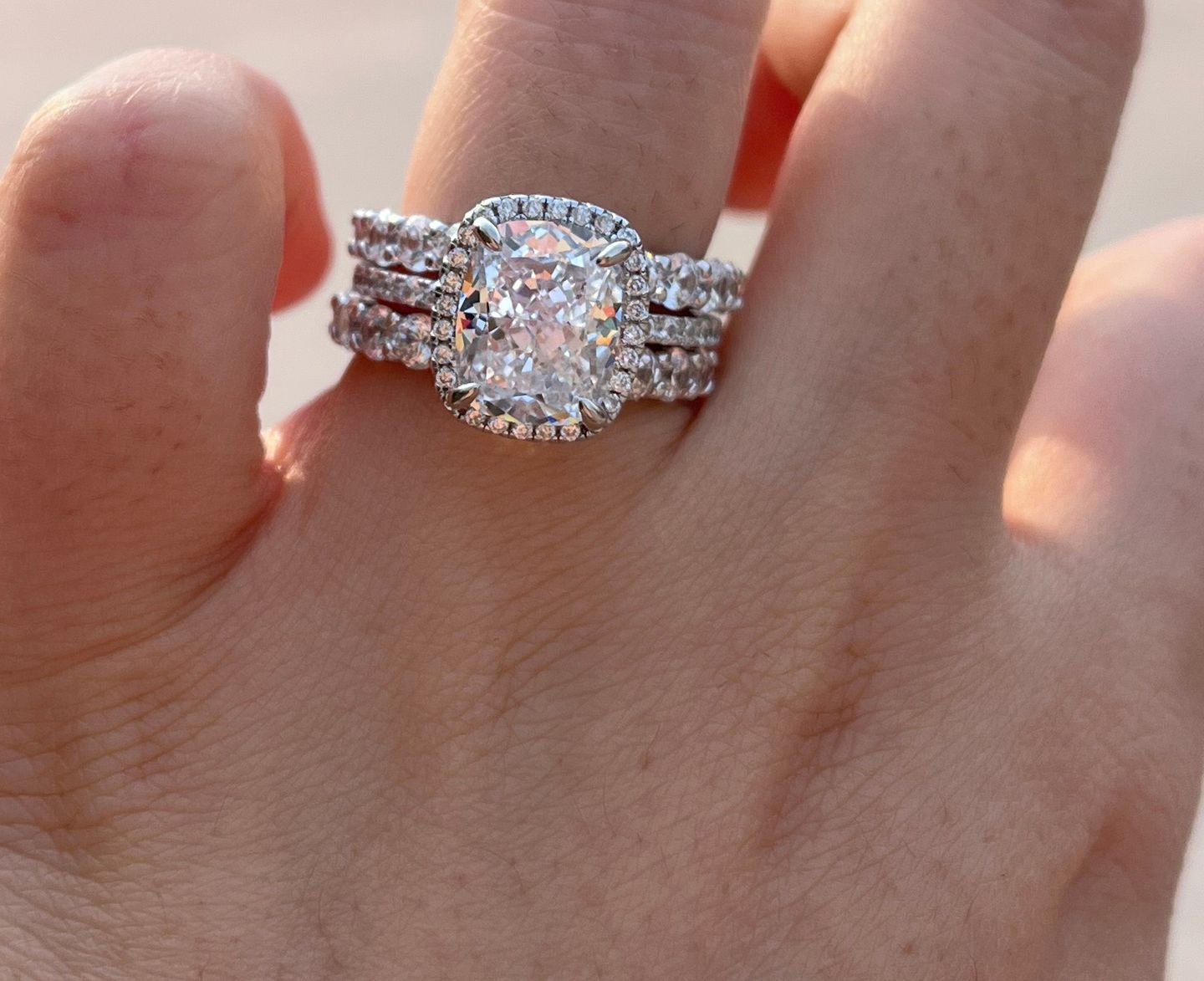 Customer photo review of S925 Gorgeous Halo 4.0Ct Cushion Cut Women's Wedding Set In Sterling Silver