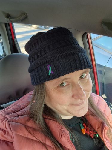 Customer photo review of Suicide Awareness Knit Beanie