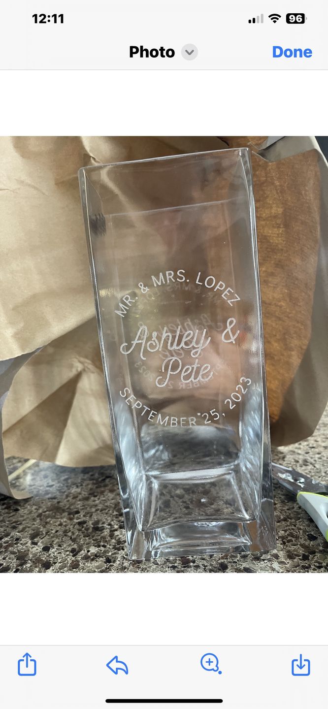 Customer photo review of Engraved Large Square Clear Glass Tank Vase - 10D x25cmH
