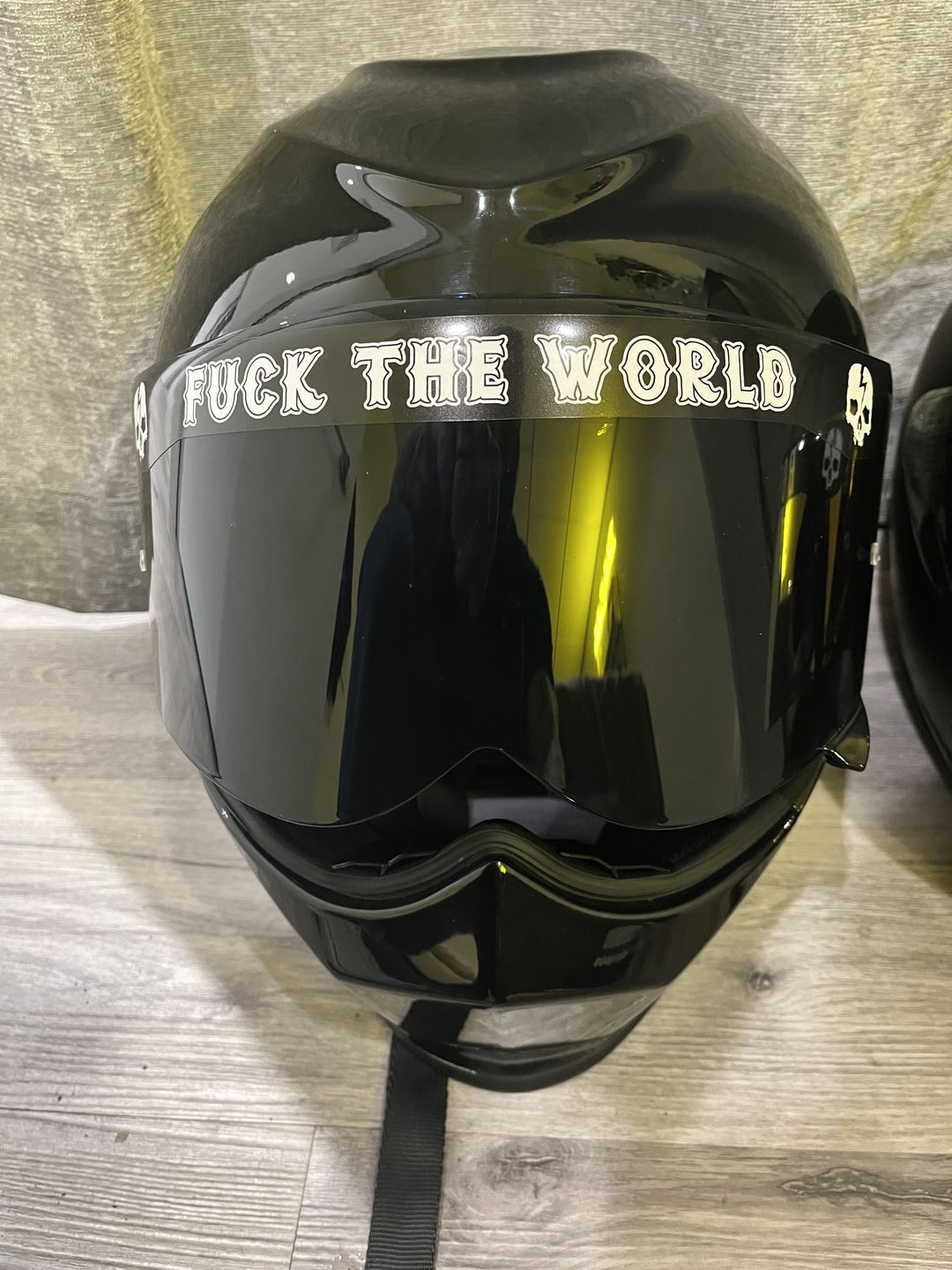 Customer photo review of FUCK THE WORLD HELMET VISOR