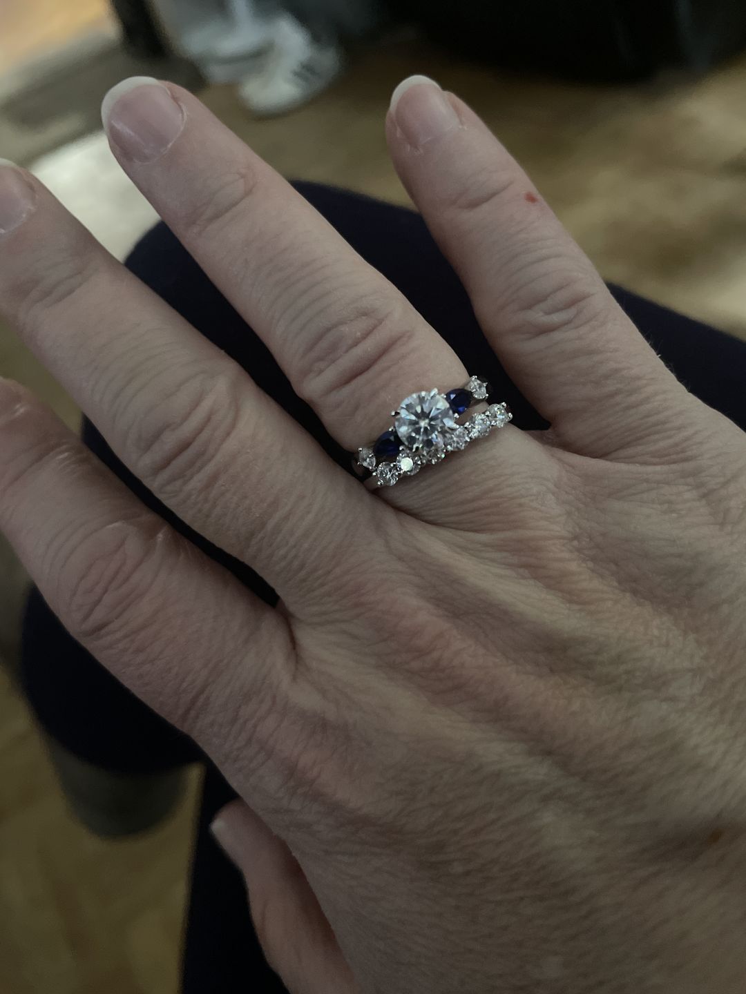 Customer photo review of Five Stone Moissanite And Sapphire Engagement Ring