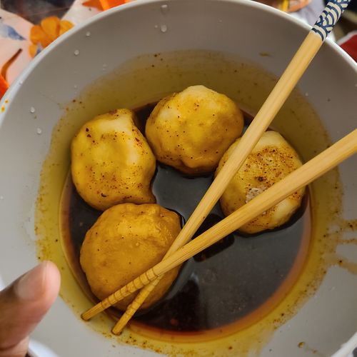 Customer photo review of Frozen [F8] Pork & Cabbage Dumplings w/ Spicy & Sour Sauces (30 Pieces/5 Servings)