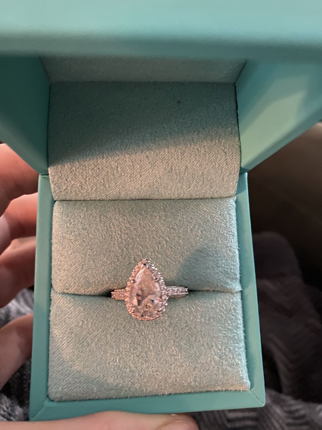 Customer photo review of Halo Pear Moissanite Triple Row Pave Engagement Ring