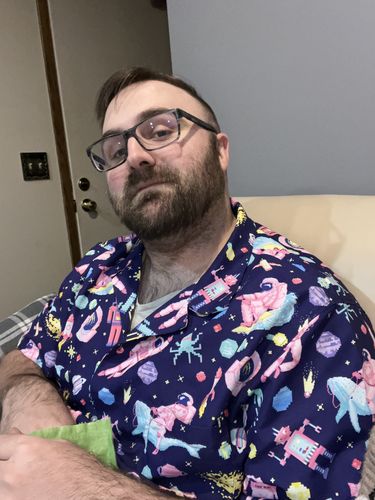 Customer photo review of Astronaut Pixels Outer Space Purple Blue Button Up Shirt