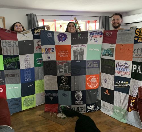 T-shirt quilt with family, food themes by Connie from WA
