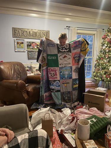 T-shirt quilt with beach life, camping themes by Jackie from GA