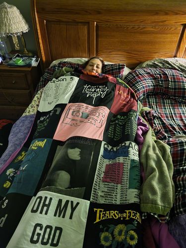 T-shirt quilt with music, art themes by Kari from CO