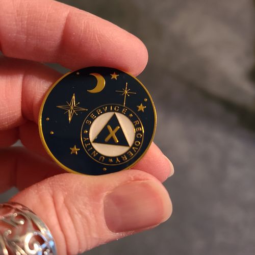 Customer photo review of 10 Year Rocketed to 4th Dimension Specialty AA Recovery Medallion - Tri-Plated Ten Year Chip/Coin - Blue