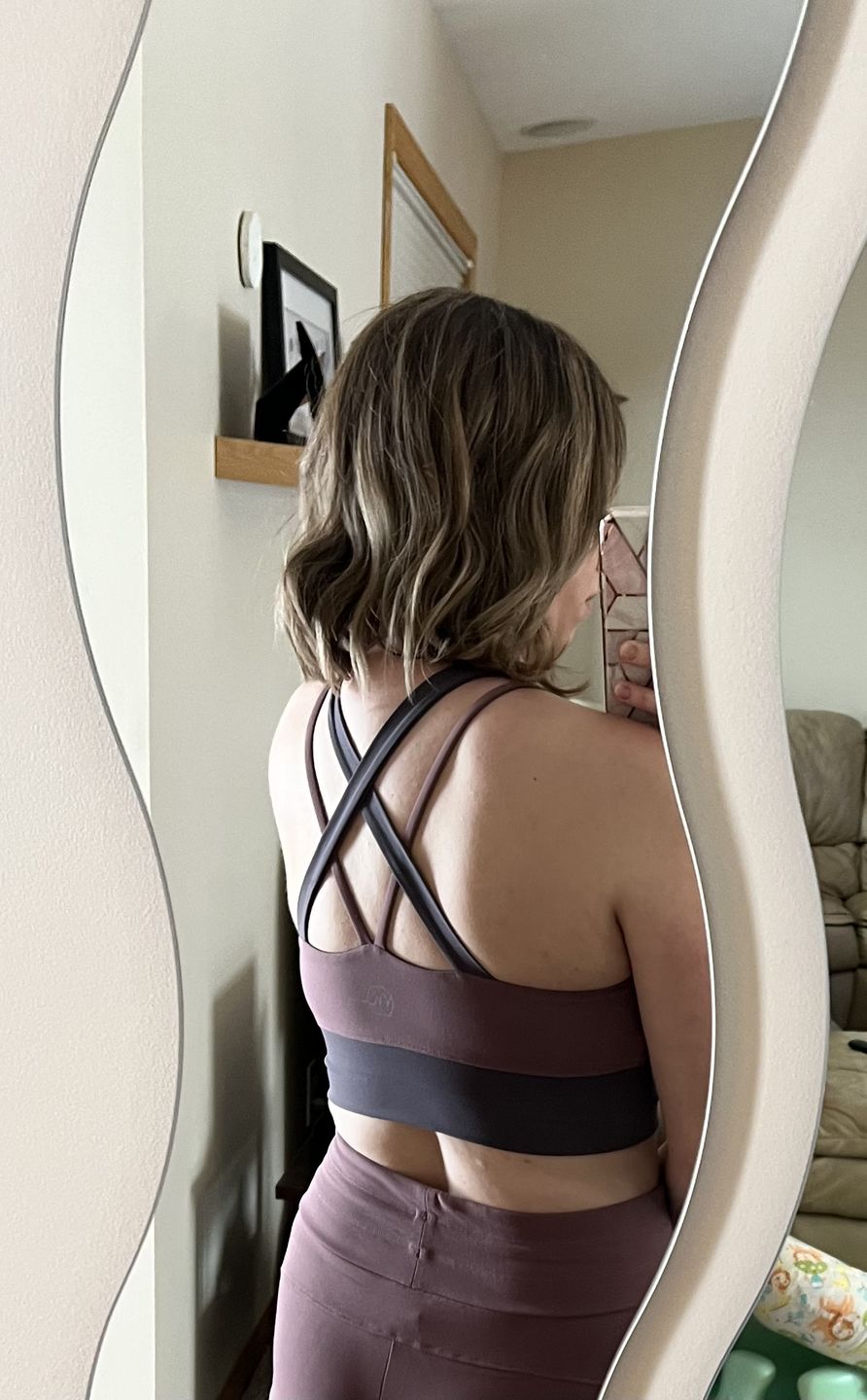 Customer photo review of Criss Cross Sports Bra - Muted Plum / Grey | MT LUXE