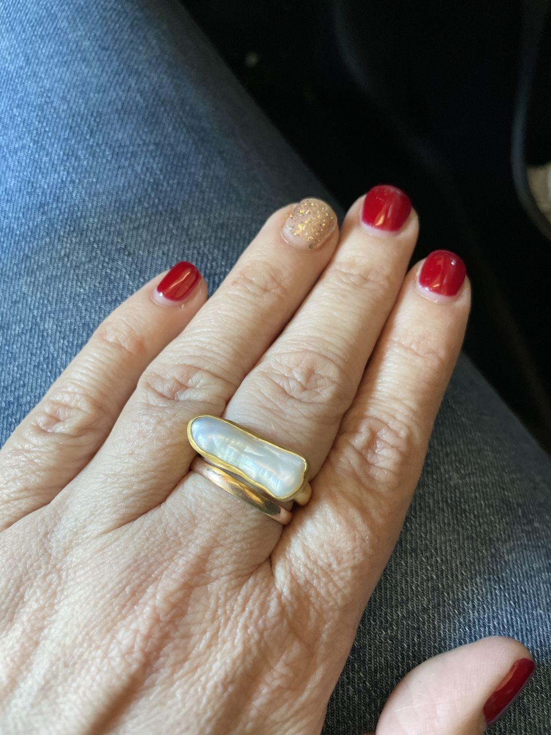 Customer photo review of PEARL BAR RING - GOLD