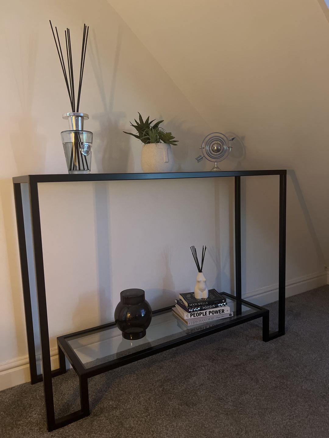Customer photo review of Glass Metal Console Table Matte Black Frame