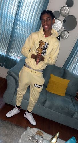 Customer photo review of Teddy Robot Raw Drip White Chenille Hoodie and Jogger Set