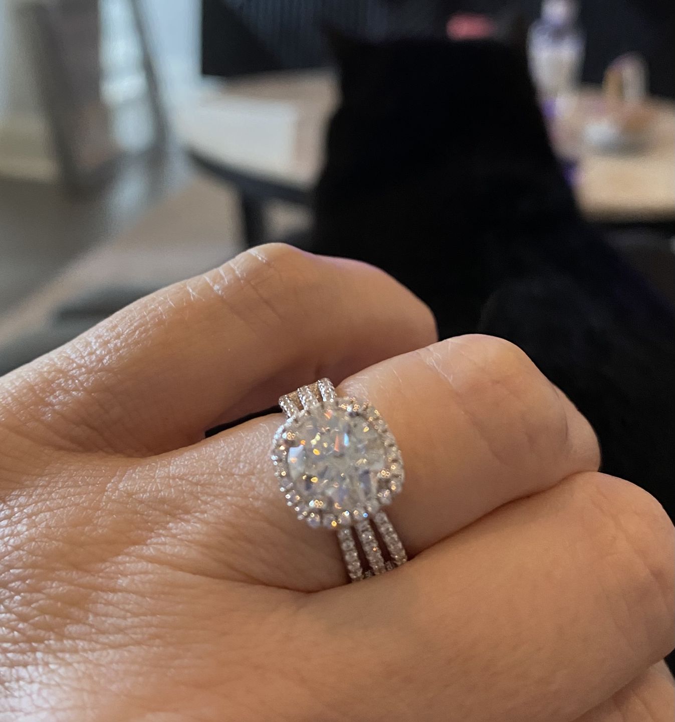 Customer photo review of Halo Moissanite Triple Row Pave Engagement Ring