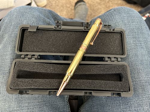 Customer photo review of .308 Real Bullet Authentic Brass Casing Refillable Twist Pen - Tactical Gift Box - Polished Brass