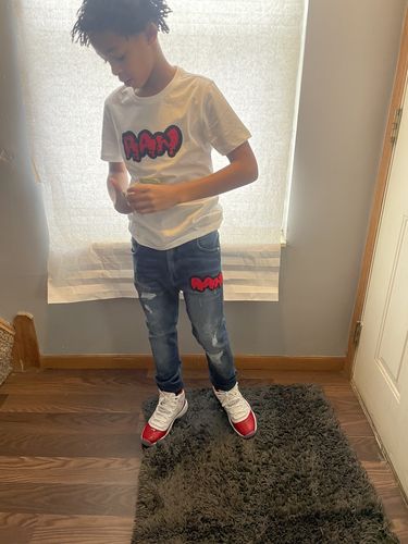 Customer photo review of Kids RAW Drip Red Chenille Crew Neck and Denim Jeans Set - White Tees / Blue Jeans