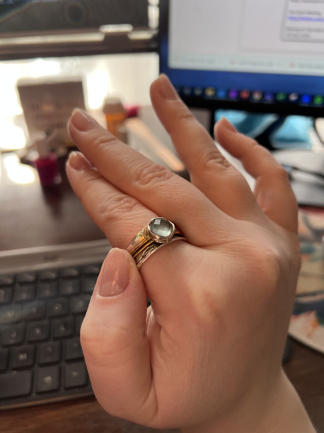 Customer photo review of Aquamarine Spinner Ring Inspired by Nature Sterling Silver