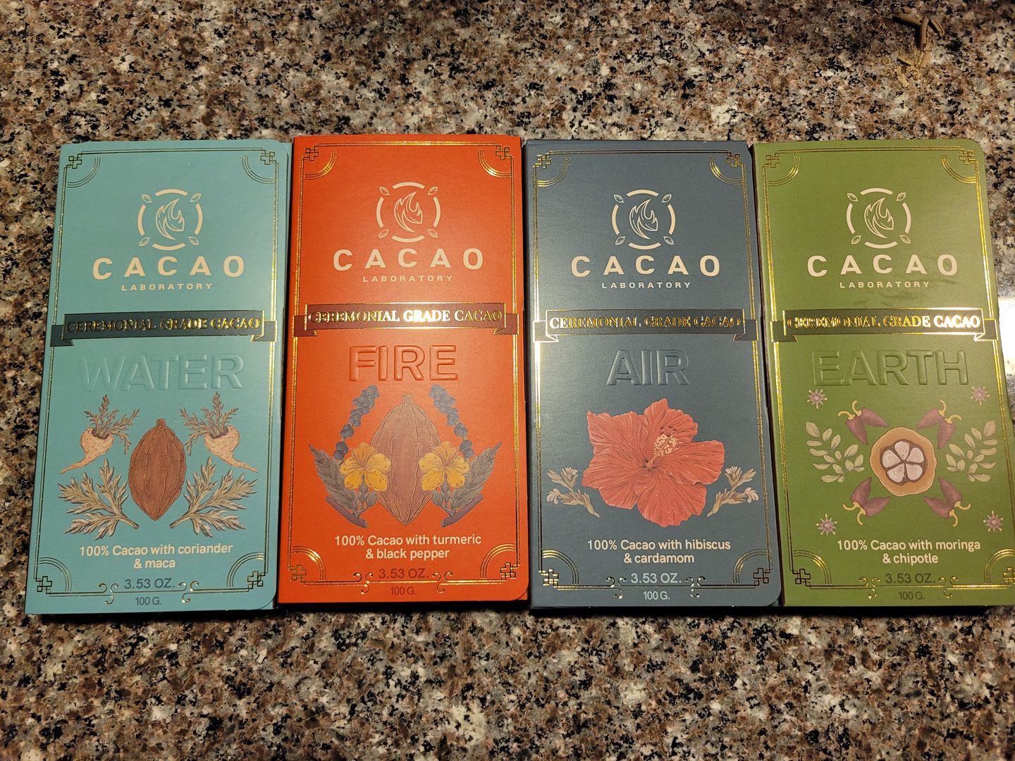 Customer photo review of Four Sacred Element Cacao Blends Variety Box (4 bars – 3.5 oz each)