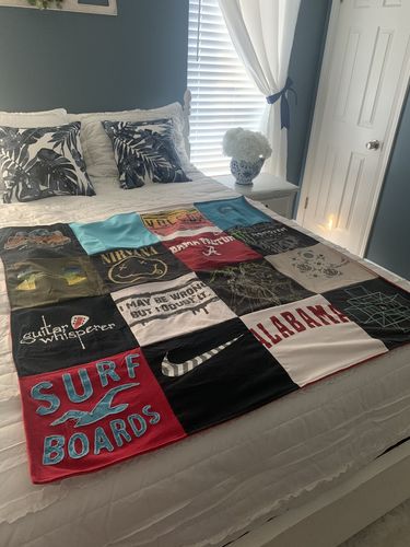 T-shirt quilt with music, surfing themes by Jackie from AL