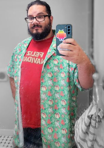 Customer photo review of Dnd Christmas Dice Presents Button Up Shirt - Limited Edition