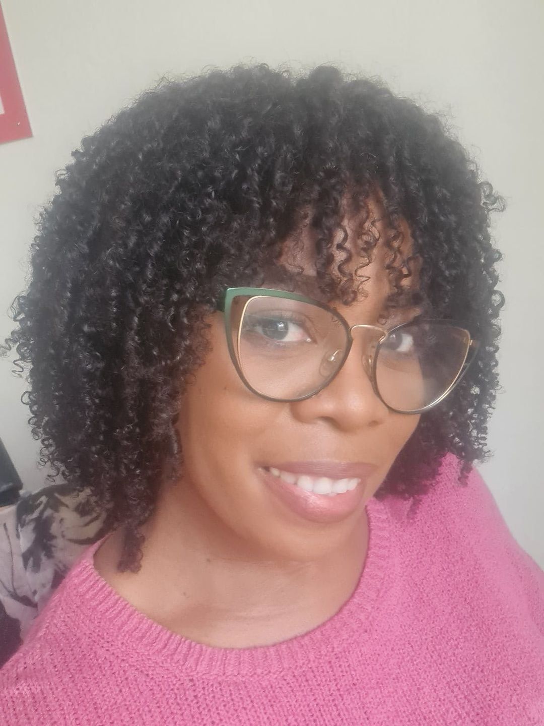 Customer photo review of Amber Bangs Brazilian Kinky Curly 5x5 Lace Closure Bob Wig