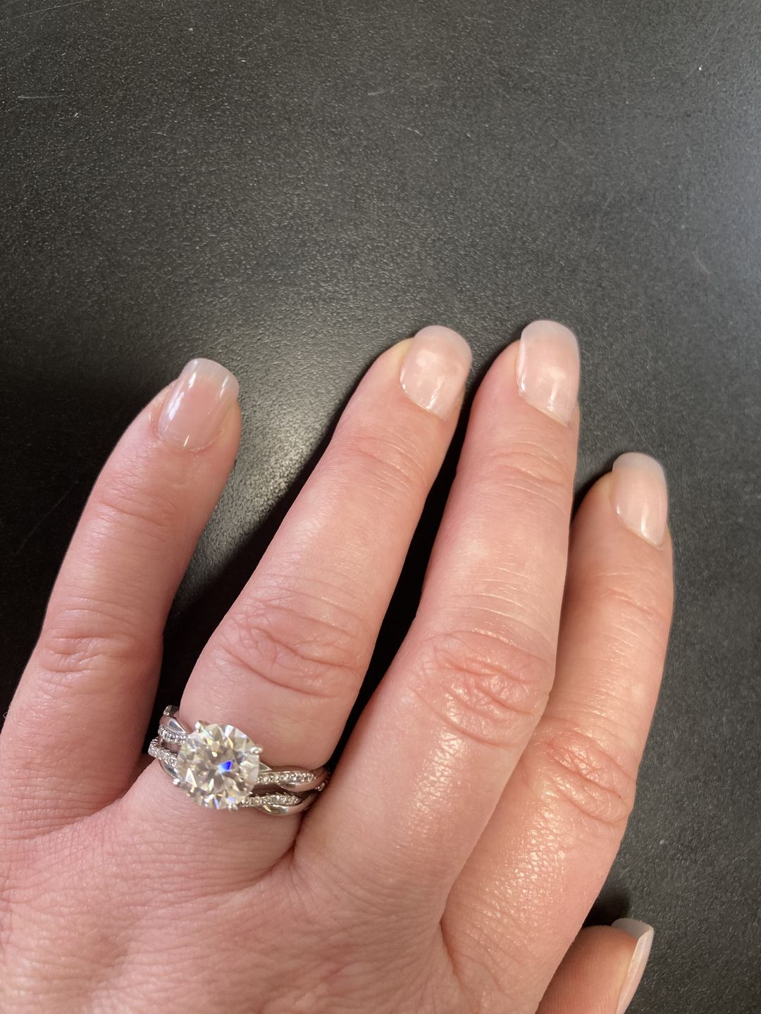 Customer photo review of Twisted Vine Moissanite Half Eternity Wedding Band Stackable Ring