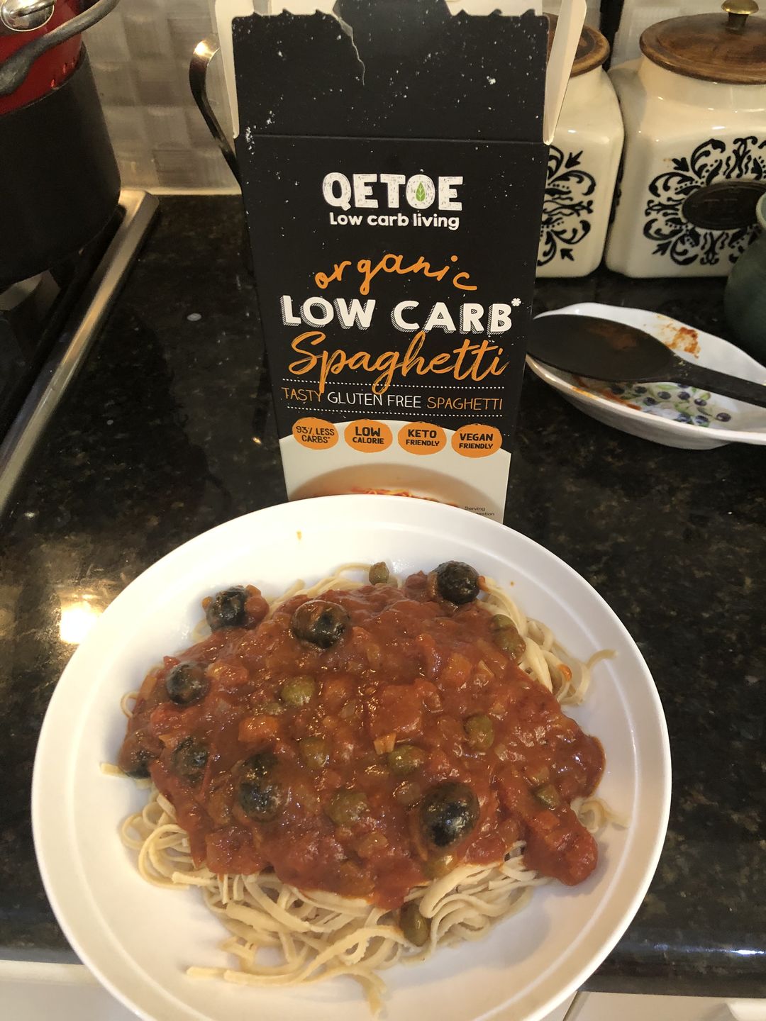 Customer photo review of Qetoe Organic Low Carb Fettuccine - 4 x Value Pack with a Bonus FREE Low Carb E-Recipe book!