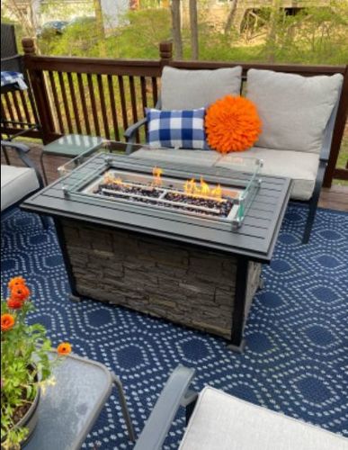 Customer photo review of 44'' Propane Gas Fire Pit Table 50000 BTU Auto-Ignition w/ Wind guard, Aluminum Tabletop,Waterproof Cover, Glass Beads, Gray