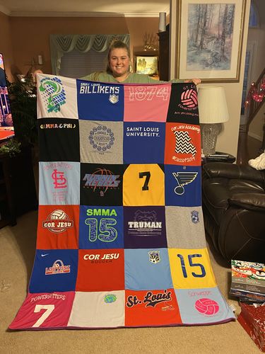 T-shirt quilt featuring billikens, power techs by Paula from MO
