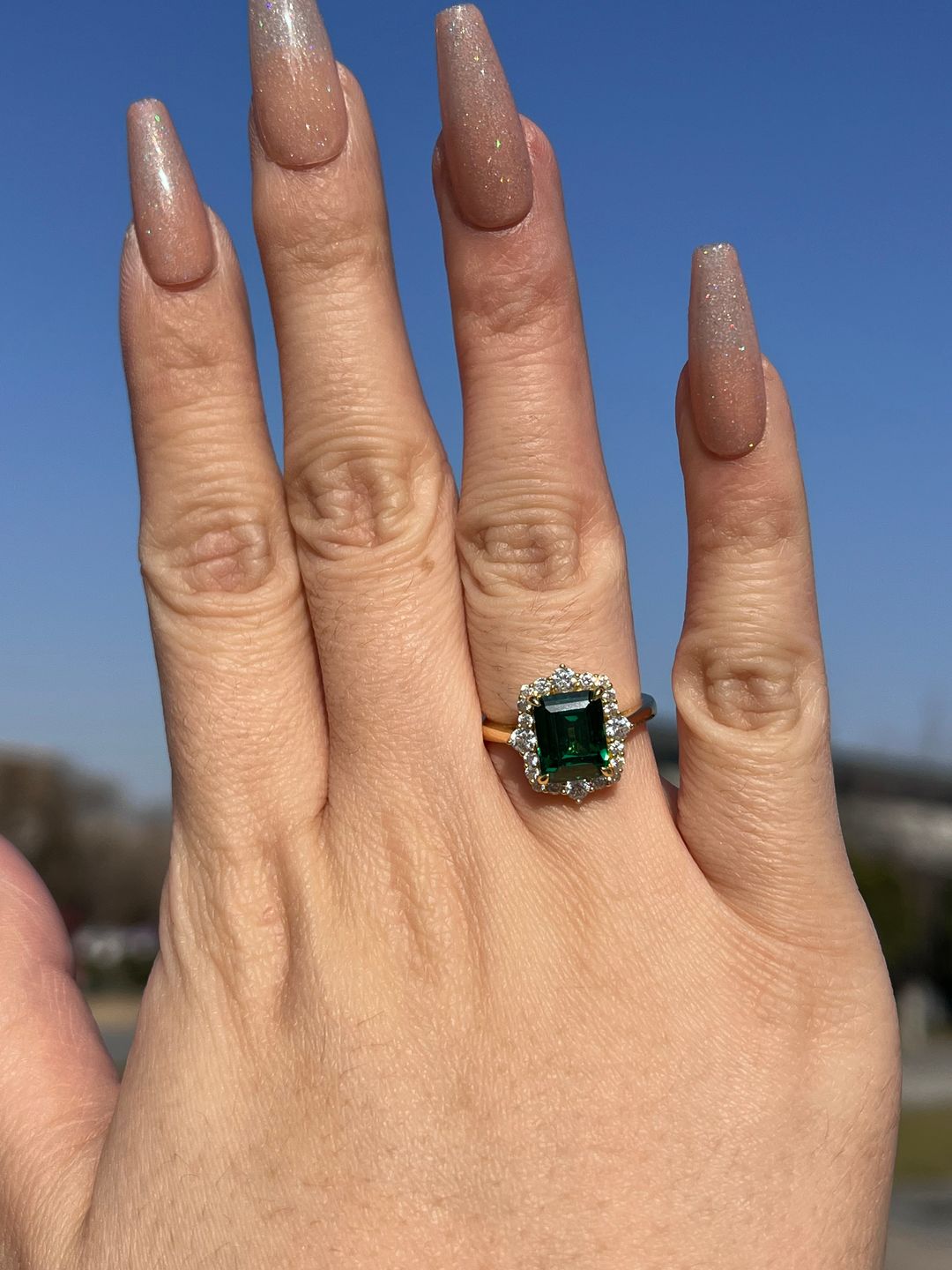 Customer photo review of S925 3.0Ct Emerald Cut Green/Red/Blue Stone Halo Engagement Ring Vintage Ring