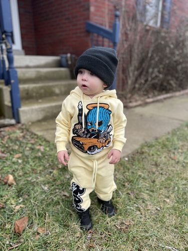 Customer photo review of Kids Gangster Chenille Hoodie and RAW Drip White Chenille Jogger Set