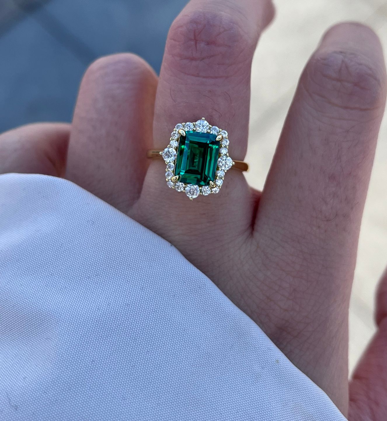 Customer photo review of S925 3.0Ct Emerald Cut Green/Red/Blue Stone Halo Engagement Ring Vintage Ring