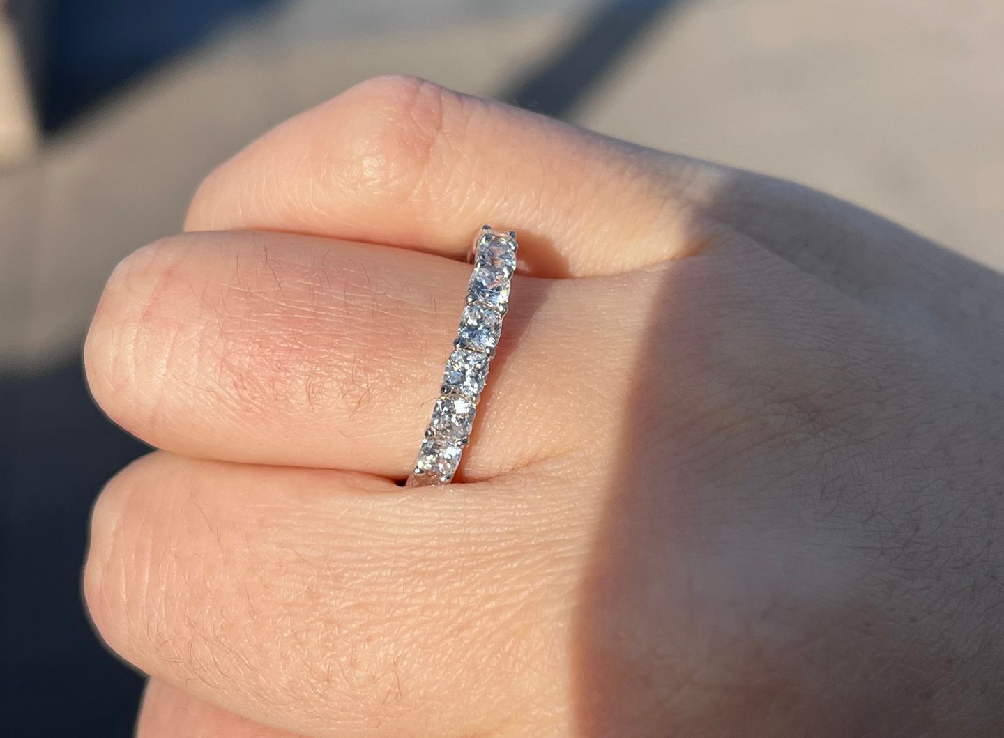 Customer photo review of S925 2.5 Carat Cushion Cut Women's Wedding Band In Sterling Silver Stackable Ring