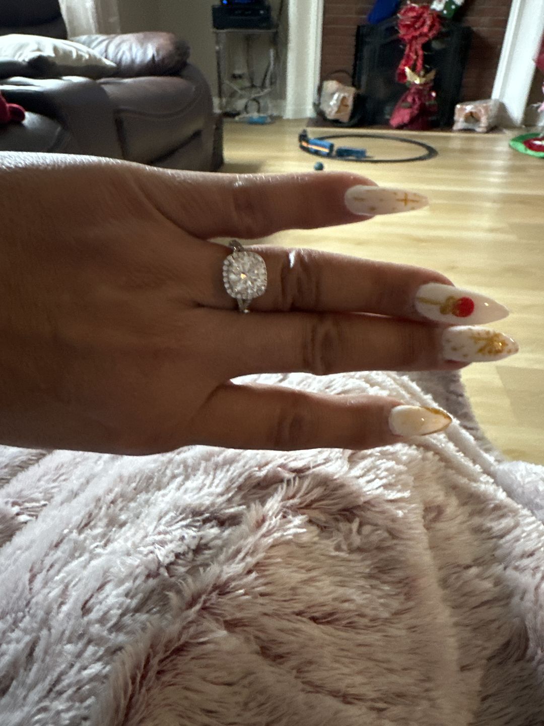 Customer photo review of Moissanite Split Shank Square Halo Pave Sterling Silver Wedding Ring