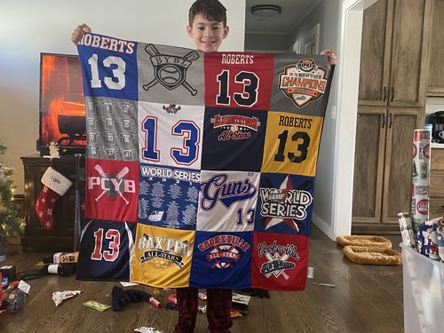 T-shirt quilt with baseball, sports themes by Rachel  from TN
