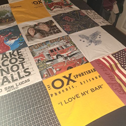 T-shirt quilt with sports, bars themes by Danielle from AZ