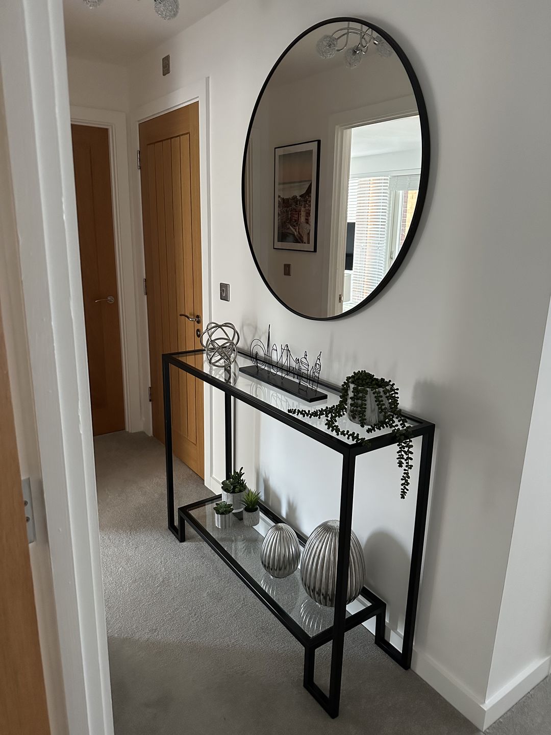 Customer photo review of Glass Metal Console Table Matte Black Frame
